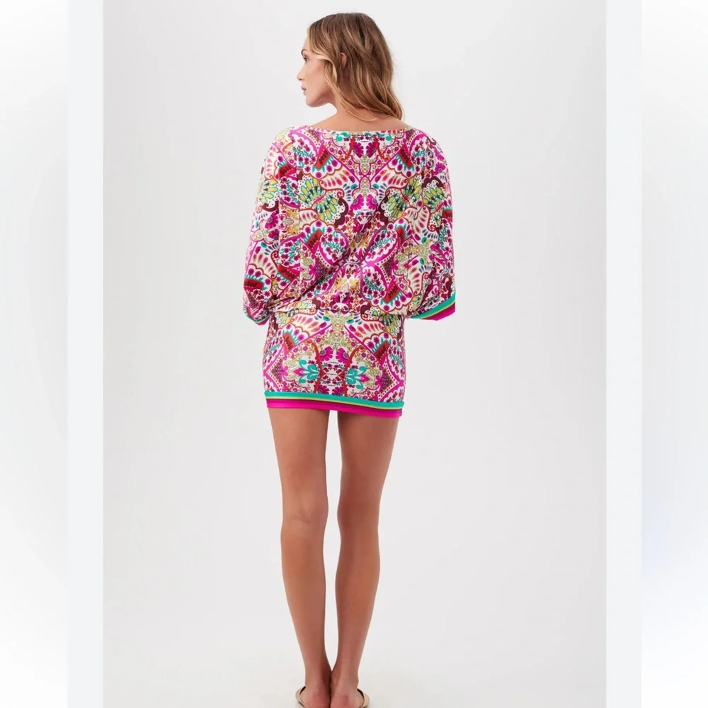 Trina Turk NWT Pink & Green Hawaiian Garden Boatneck Tunic Swim Cover Mini Dress - Picture 9 of 16